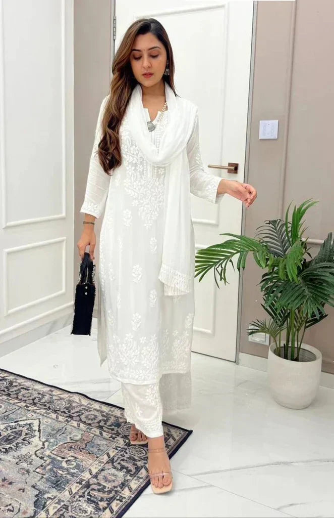 White Chanderi Embroidery Chikankari Kurta Set