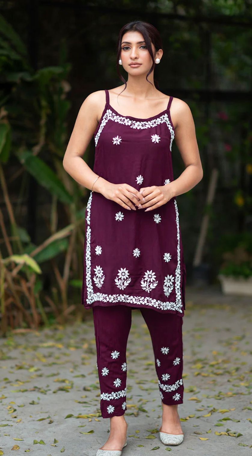Plum Blossom Embroidered Co-Ord Set | Sleeveless